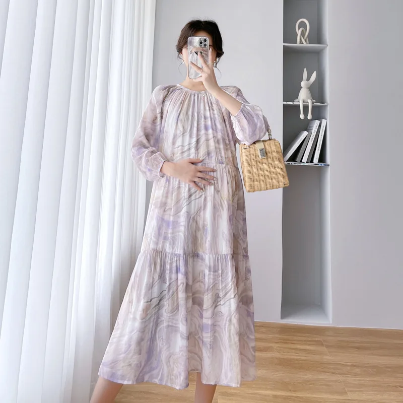 

Maternity Clothes Autumn Retro Long Sleeve Elegant Temperament Loose Plus Size New Print 2022 Pregnancy Dresses for Photos Shoot