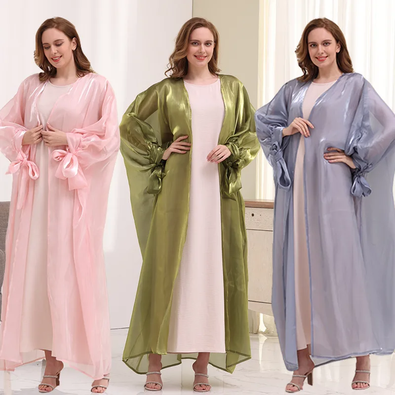 

Muslim Spring Solid Color Fashion Women Dress O-Neck Long Sleeve Bubble Sleeve Cardigan Dress 2022 Summer Elegant Long Dress