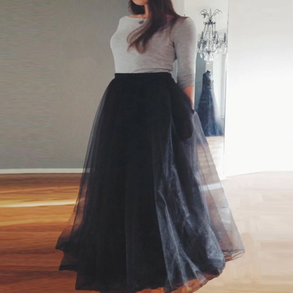 

Plus Size Skirt High Waist Elastic Mesh With Lining Solid Color Party Dress Temperament Women's Skirt