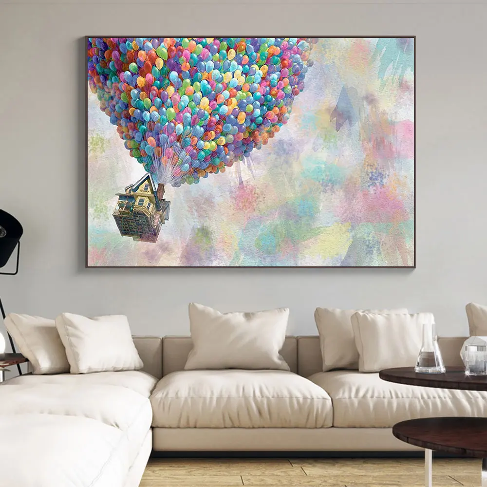 

Cartoon Balloons House Fly Poster Nursery Wall Art Prints Canvas Painting Watercolor Pictures For Kids Room Home Decor Best Gift