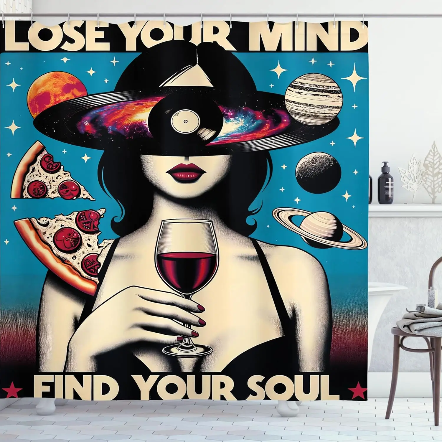 Фото Винтажная занавеска для душа, ретроспективная тема Galaxy Lose Your Mind Lettering Woman Vine Mars, тканевая ткань для ванной комнаты De №2