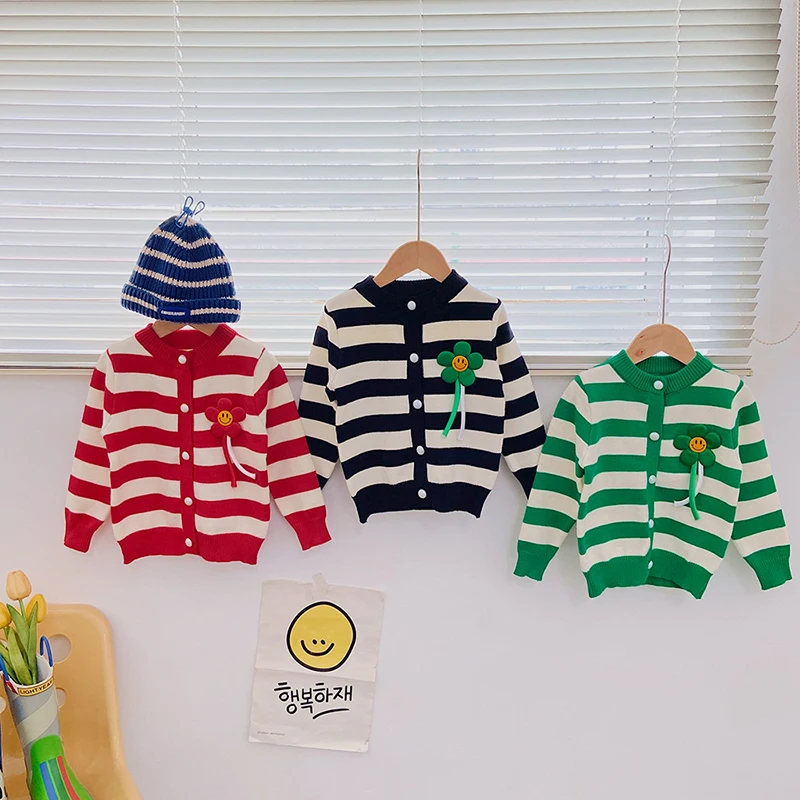 

Children's Striped Knitted Sweater Cardigan Girl Three-Dimensional Flower Sweaters Jacket Kids Round Neck Autumn Winter Clothing