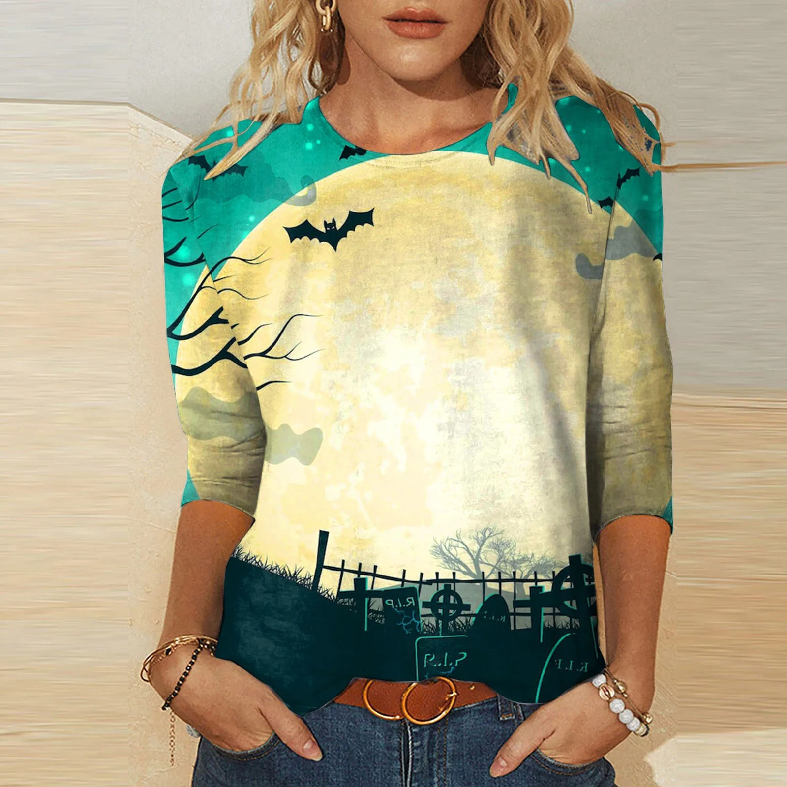 

Женская Повседневная футболка на Хэллоуин, топы с принтом, футболка с рукавом три четверти и круглым вырезом, свободные женские повседневные Модные топы с боковыми боками в стиле Харадзюку