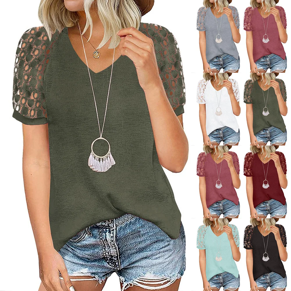 

2022 new women's t-shirt Europe and the United States lace stitching V-neck short-sleeved top