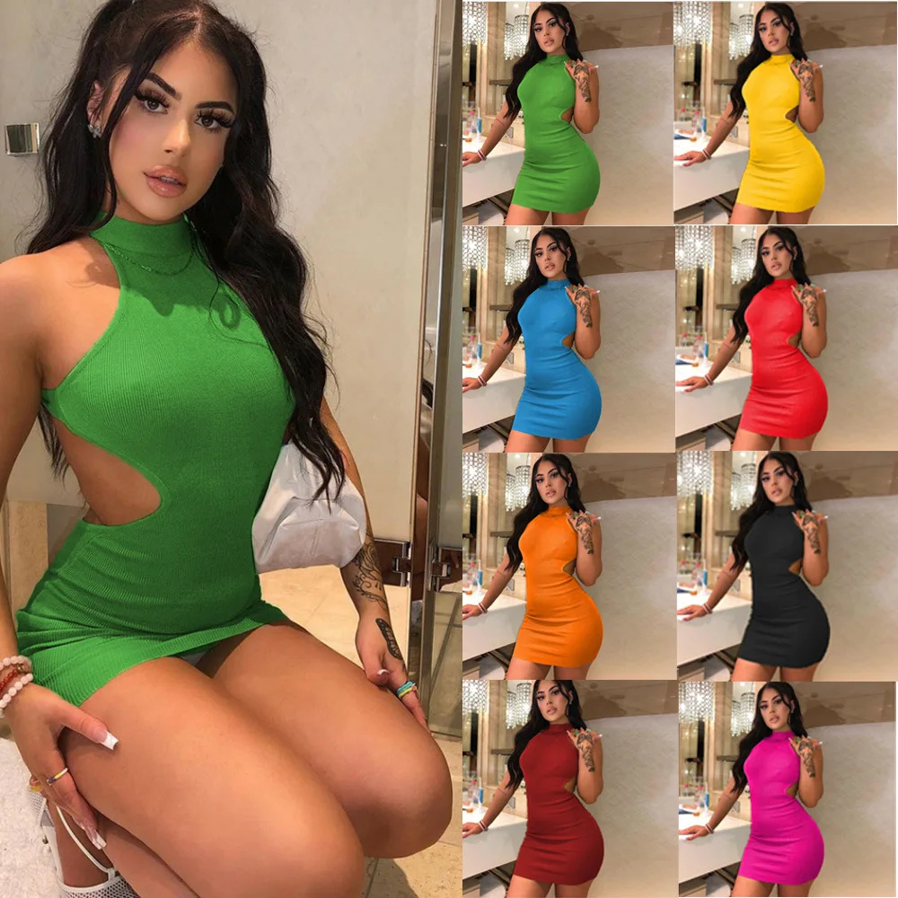 

2022 Women's New High Collar Party Dress Hollow Out Chest Wrapped Open Back Middle Waist Hip Sexy Dress Vestido Feminino
