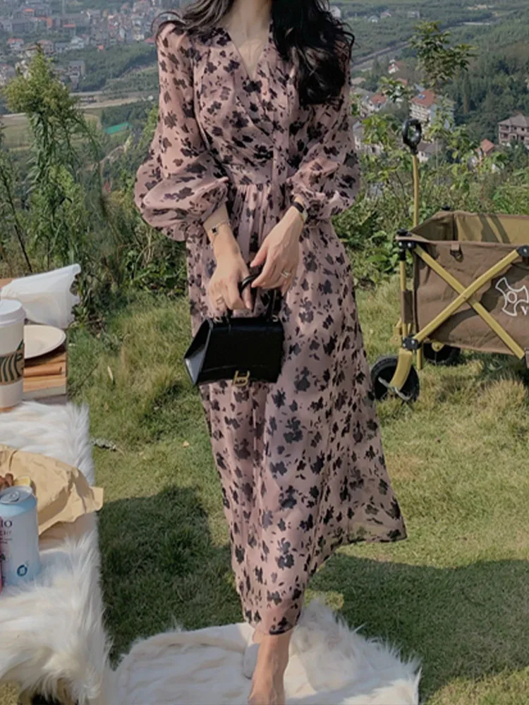 

Floral Dresses for Women Casual Streetwear Vintage Dress Slim Fit Midi Printing Lantern Sleeve 2023 New Spring Summer Dress
