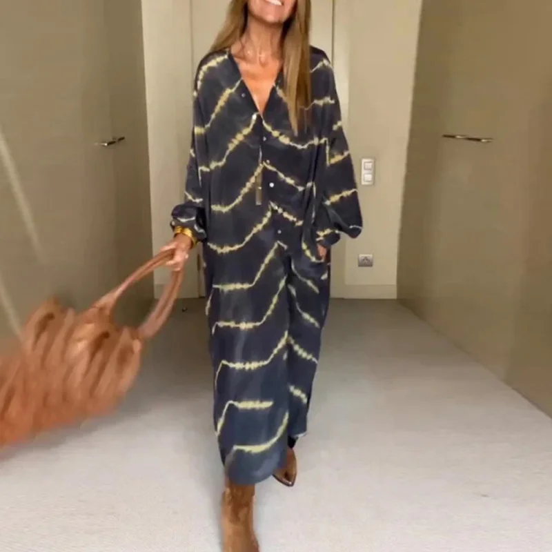 

Винтажное богемное Платье с принтом и длинным рукавом, Осеннее женское свободное платье с V-образным вырезом, женское повседневное однобортное прямое платье