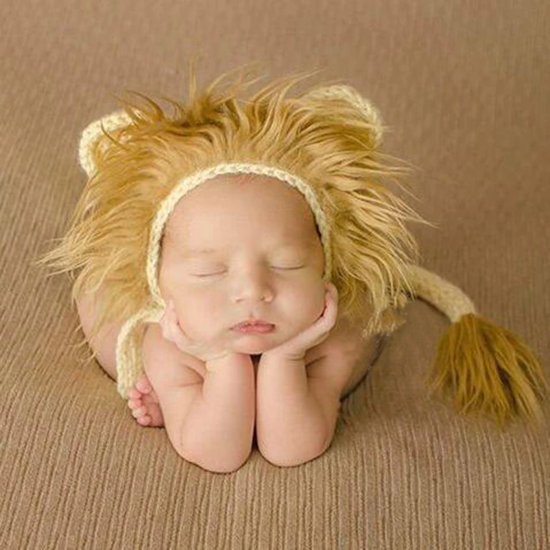 Newborn Photography Clothing Lion Zebra Hat+Tail 2Pcs/Set Studio Baby Photo Prop Accessories Infant 0-1 Month Shoot Knitted Cap
