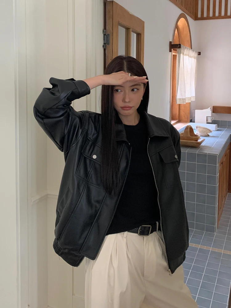 Halo Luu черное кожаное пальто верхняя одежда женская весна и осень 2024 новая