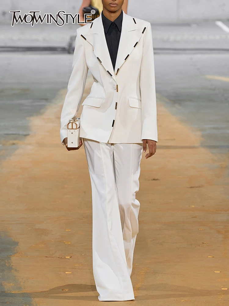 

TWOTWINSTYLE Slim Two Piece Set For Women Lapel Long Sleeve Spliced Button Blazers High Waist Flare Pants Solid Sets Female New