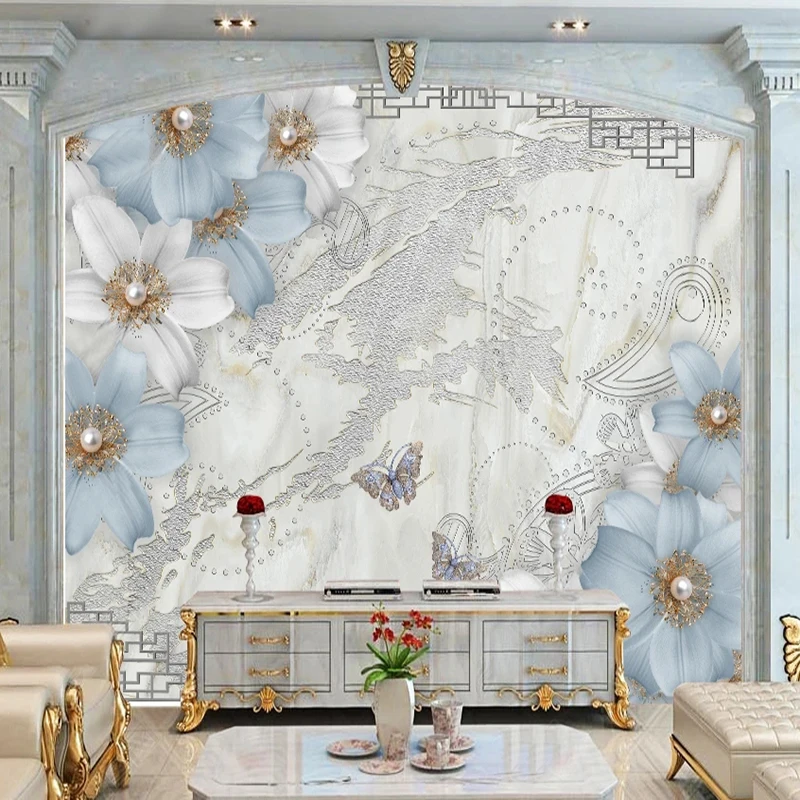 

Custom 3D Wallpaper Little Fresh 3D Pearl Lily Butterfly Silver Murals Living Room Bedroom Backdrop Home Decor Art Wall Paper