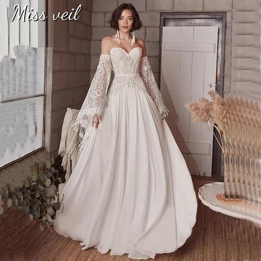 

Miss veil Sweetheart Wedding Dress With Detachable Sleeve Classic Backless Bridal Gown Lace Appliques Chiffon Vestido De Novia