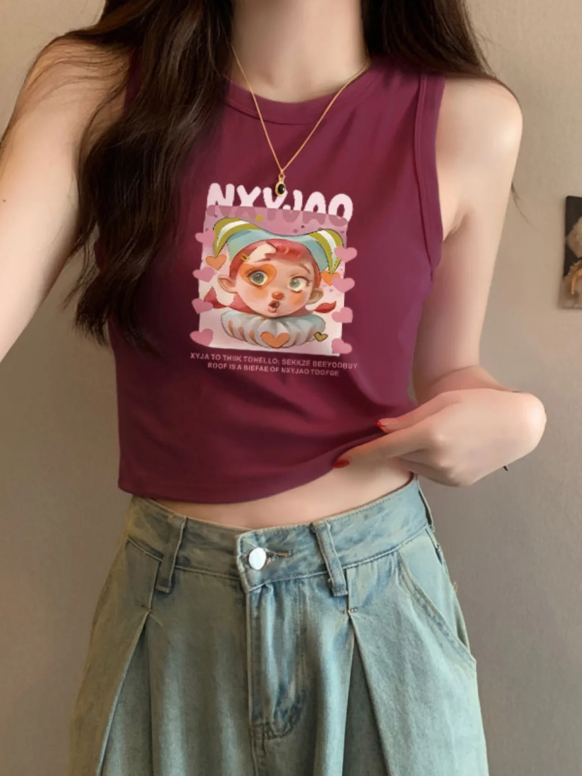 Облегающая короткая футболка на бретельках для девочек летняя винно-красная