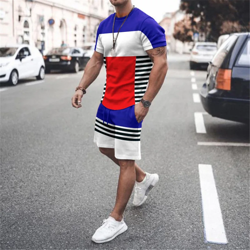 New Summer Stripe 3D Printed Men Loose Outdoor Jogging Streetwear T Shirt Short Sleeve Tracksuit Suit Breathable Casual Clothes