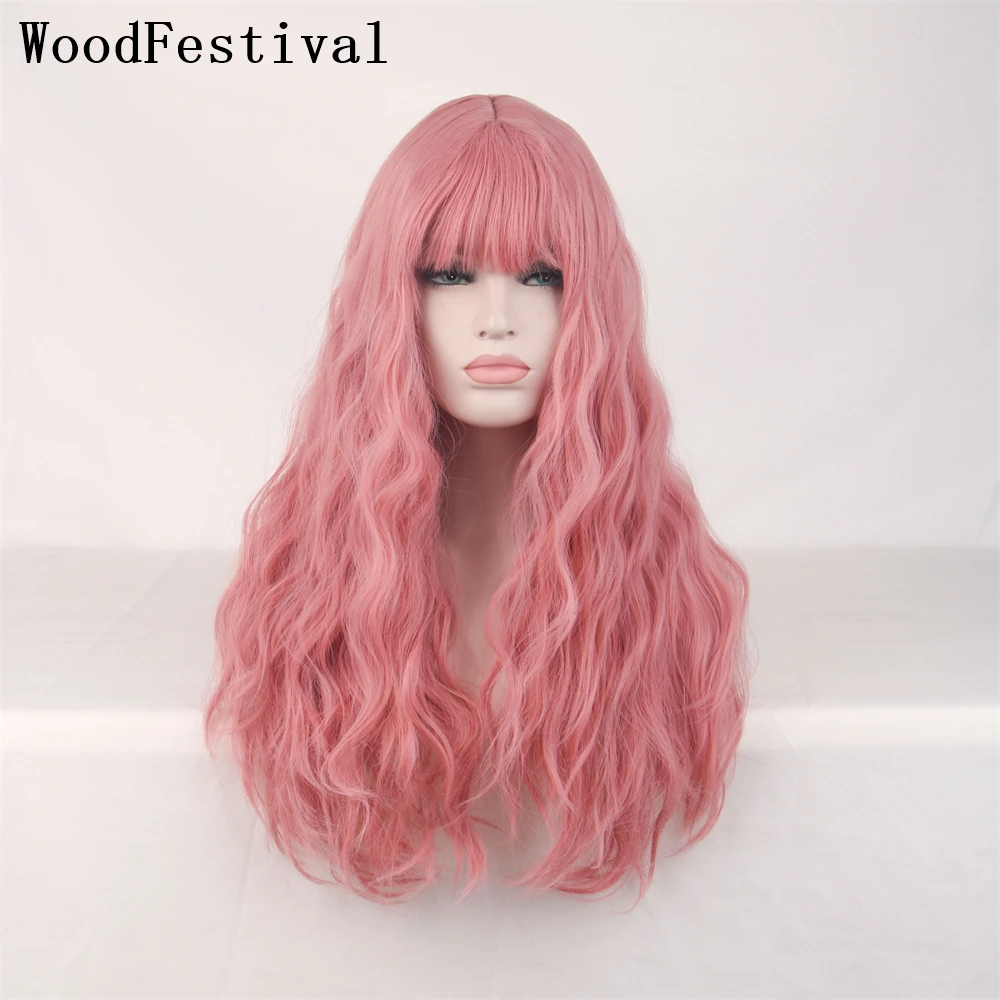 

WoodFestival Synthetic Hair Wavy Wigs For Women Blonde Pink Wig With Bangs Long Cosplay Purple Orange Red Black Ombre White