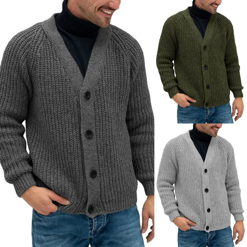 Nice European and American sweater cardigan men's solid color single breasted knitted autumn and winter coat large