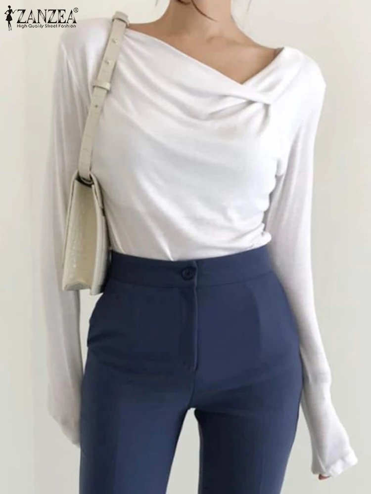 

ZANZEA Casual Long Sleeve T-shirts Elegant Elastic Pink Tees Women Cowl Neck Tops Oversized Office Lady Fashion Blusas Femininas