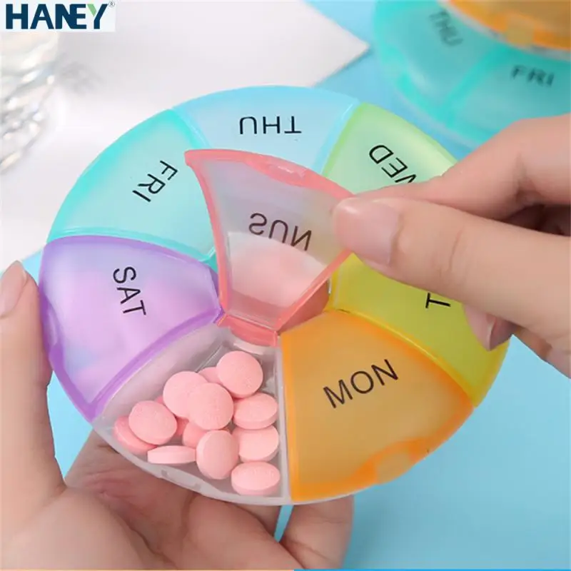 

7Colors And 7Grids Round Pill Case Plastic Portable 7 Days Weekly Tablet Storage Box Travel Organizer Medicine Container