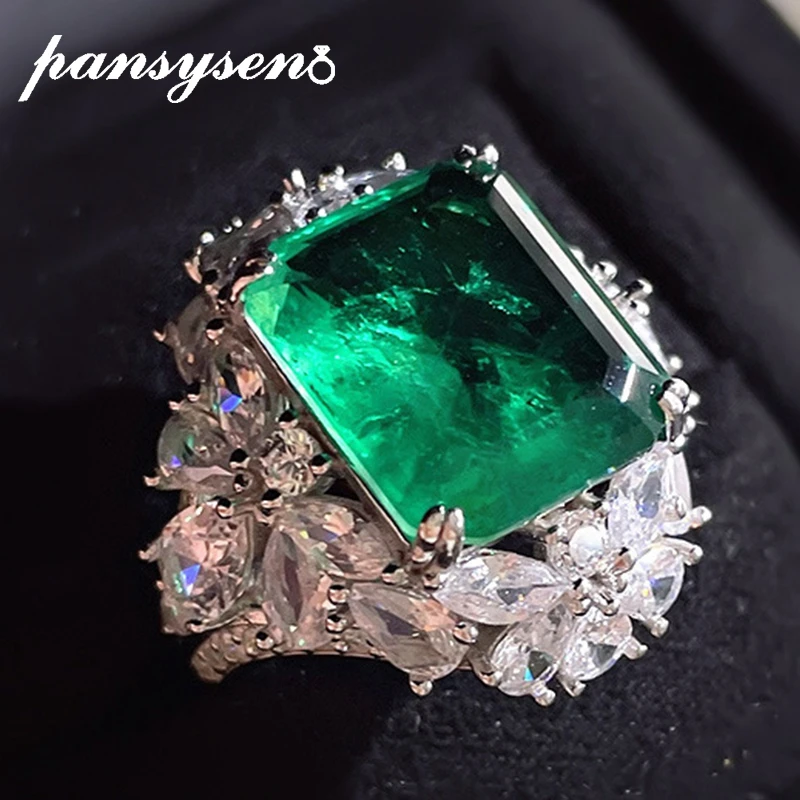 

PANSYSEN Vintage Solid 925 Sterling Silver 12*14MM Emerald Simulated Moissanite Diamond Rings for Women Anniversary Fine Jewelry