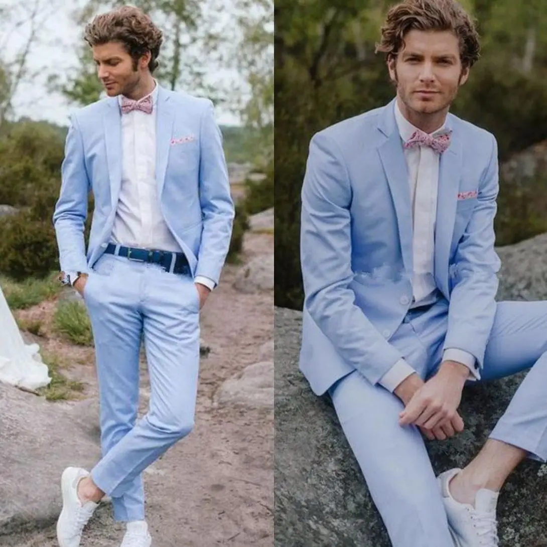 Light Sky Blue Mens Suits Country Wedding Tuxedos  Formal Casual Groom Wear Young Graduation Suits (Jackets+Pants)