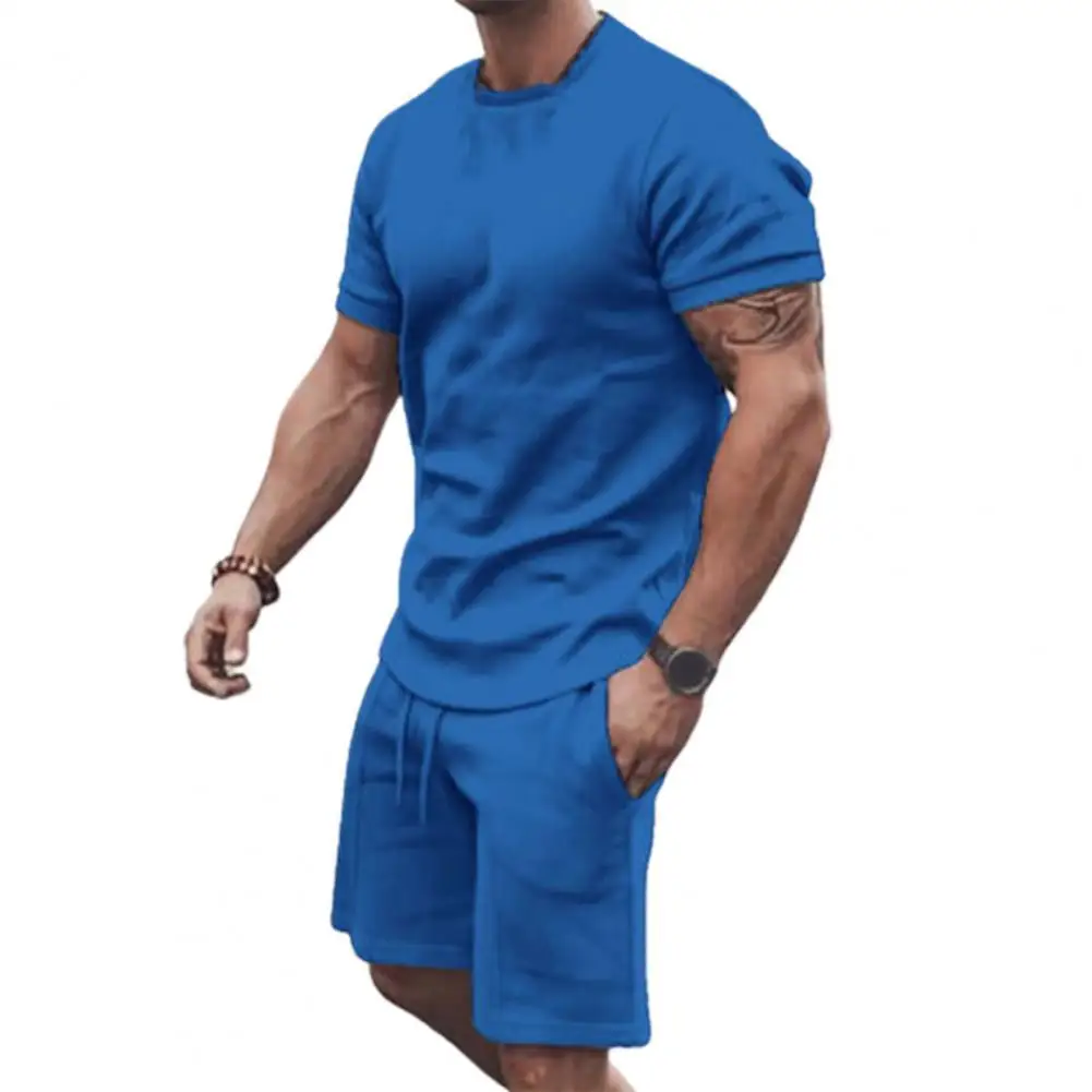 

2 Pcs/Set Summer Tracksuit Solid Color Round Neck Short Sleeve Drawstring Men T-shirt Shorts Set Male Garment