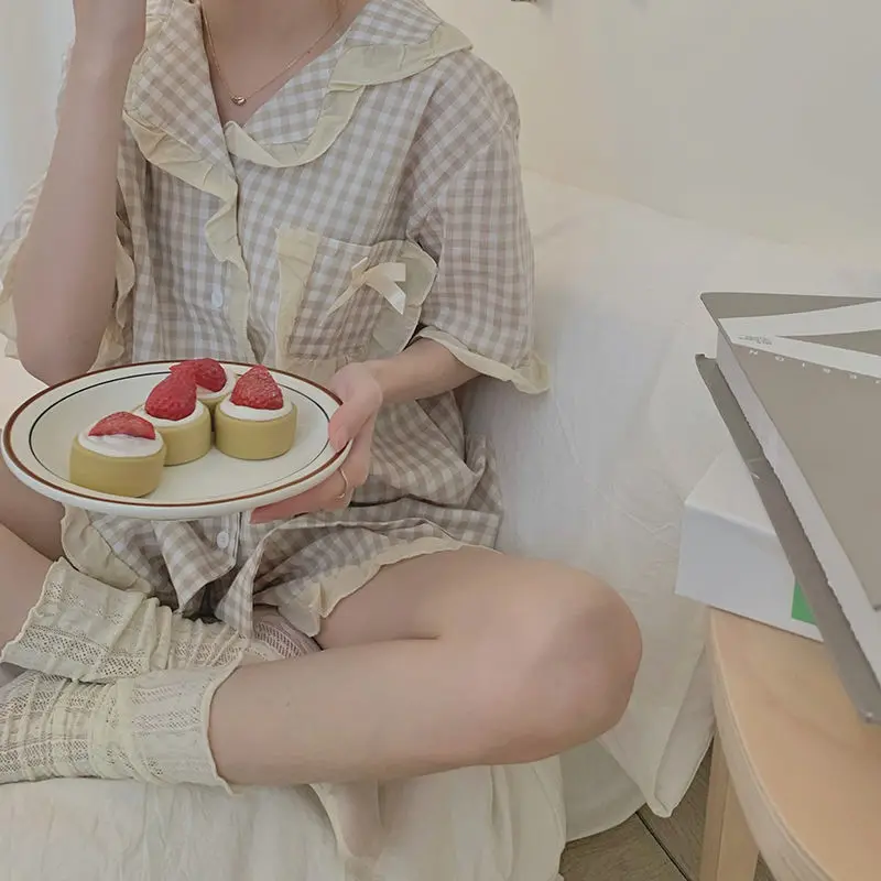 Пижамный комплект Женский клетчатый милая дизайнерская Кружевная летняя одежда