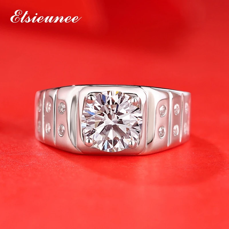 ELSIEUNEE Classic 925 Sterling Silver 2ct Round Cut Moissanite Ring Wedding Engagement Rings For Men Couple Finger Fine Jewelry on - Классическое кольцо ELSIEUNEE из стерлингового серебра 925 пробы с круглым искусственным камнем моиссанитом 2 карата для п
