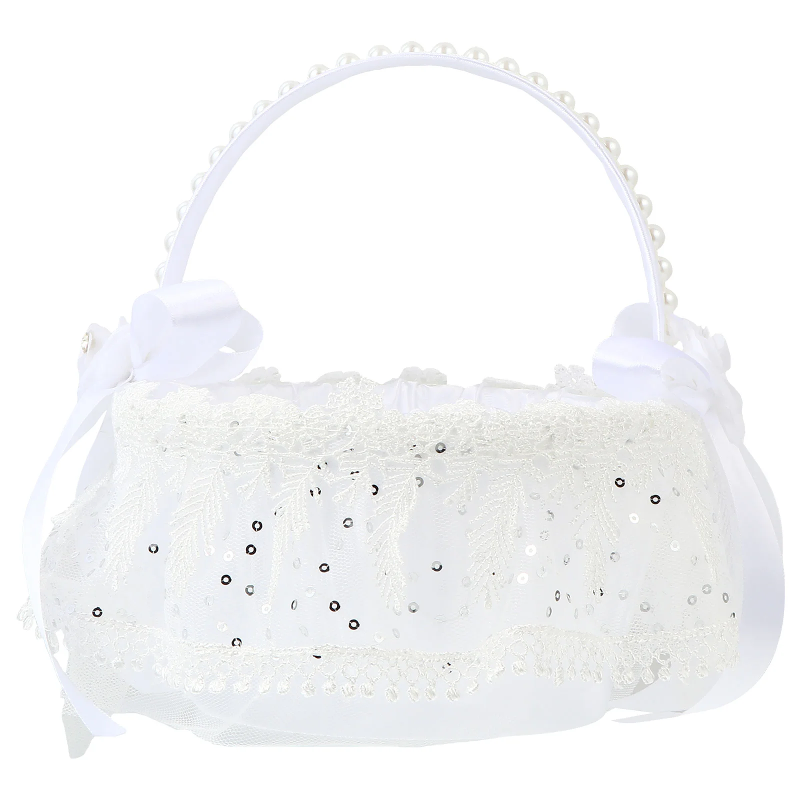 

White Wedding Flower Girl Basket Rose Flower Sequins Basket with Pearl Handle Wedding Ceremony Decor 13x13x16cm