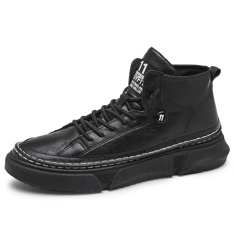 

Spring Autumn Leather Men Casual Shoes Lace Up Men Shoes High Top Fashion Leather Thick Shoes All Match Trend Increase Sneakers