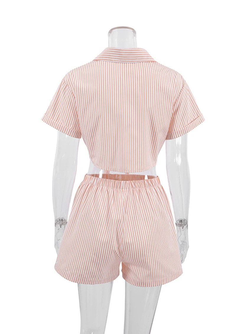 Marthaqiqi Fashion Women'S Pajama Set Sexy Crop Top Sleepwear Turn-Down Collar Short Sleeve Nightwear Shorts Summer Pyjamas Suit