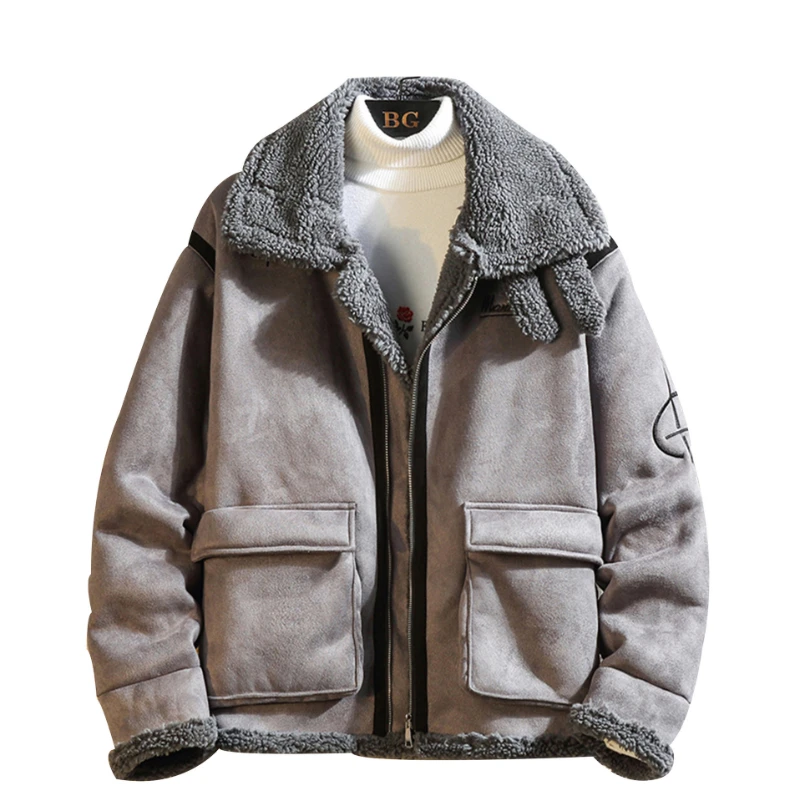 Winter Plush Warm Parkas Coat Men's Loose Cardigan Thick Coat Men's Long Sleeve Zipper Pocket Stitching Turn-down Collar Parkas