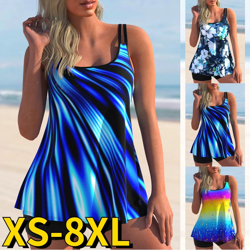 

2022 New Two Piece Swimsuit Summer Women's High Waist Beachwear Sexy Loose Size Tankini Female Floral Print Monokini Swimdress