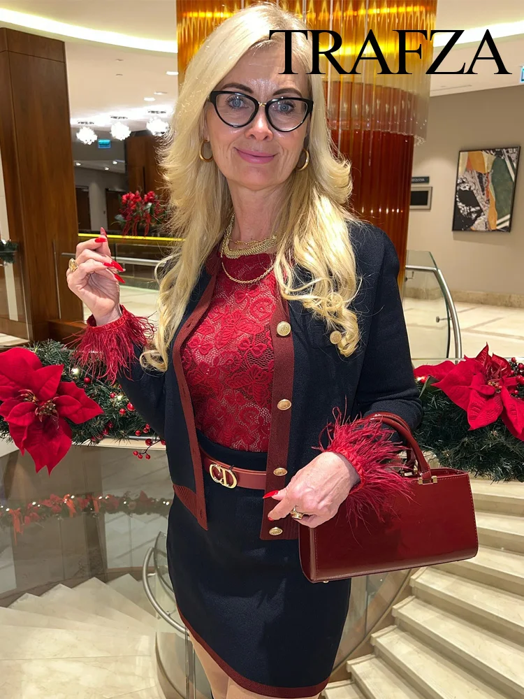 TRAFZA женский элегантный вязаный кардиган с длинными рукавами и круглым вырезом