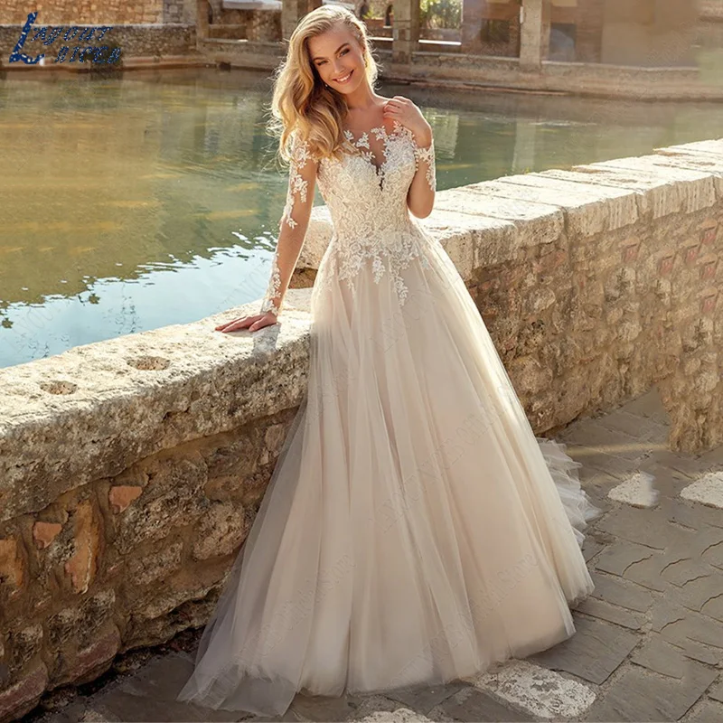 

LAYOUT NICEB Wedding Dresses Long Sleeves Beach Women A Line Robe De Mariée Illusion Lace Appliques Bride Gown Exquisite O-Neck
