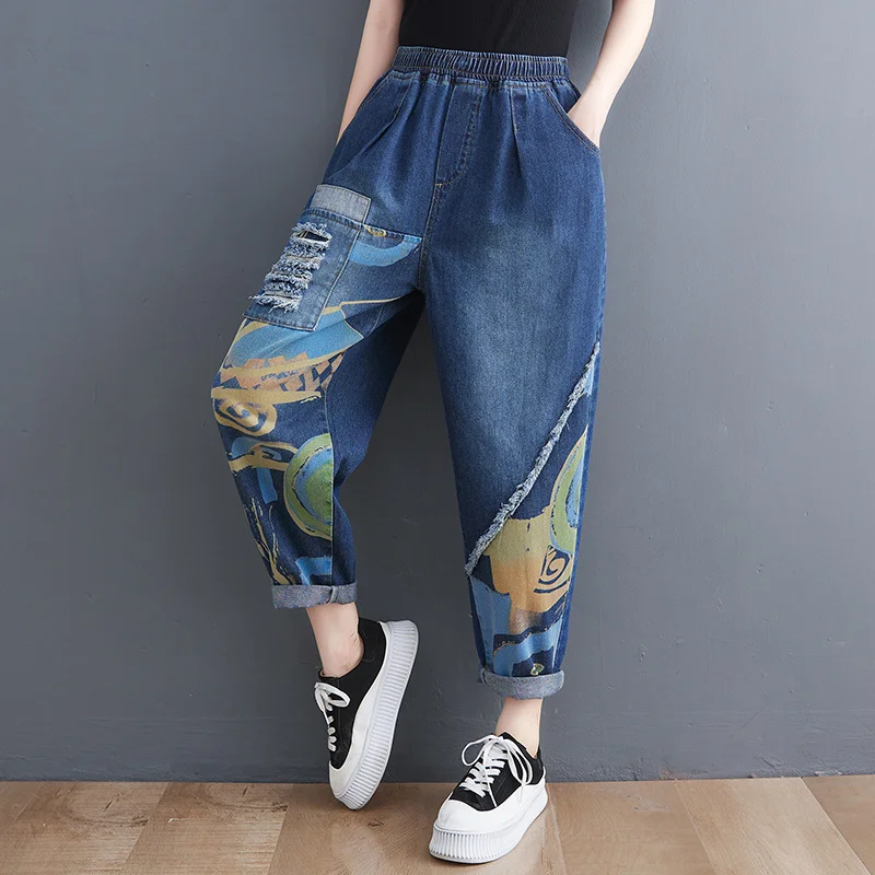

#2241 Summer High Waisted Jeans Women Blue Denim Patch Designs Casual Vintage Loose Printed Harem Jeans Female Ankle-length