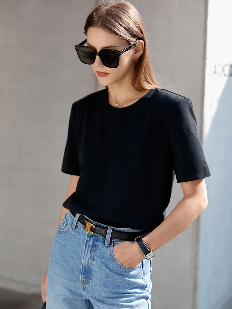 

Amii Minimalism Knitting T-shirt for Women 2022 Summer Loose Casual 100% Cotton Short Tops O-neck Solid Female Clothing 12240257