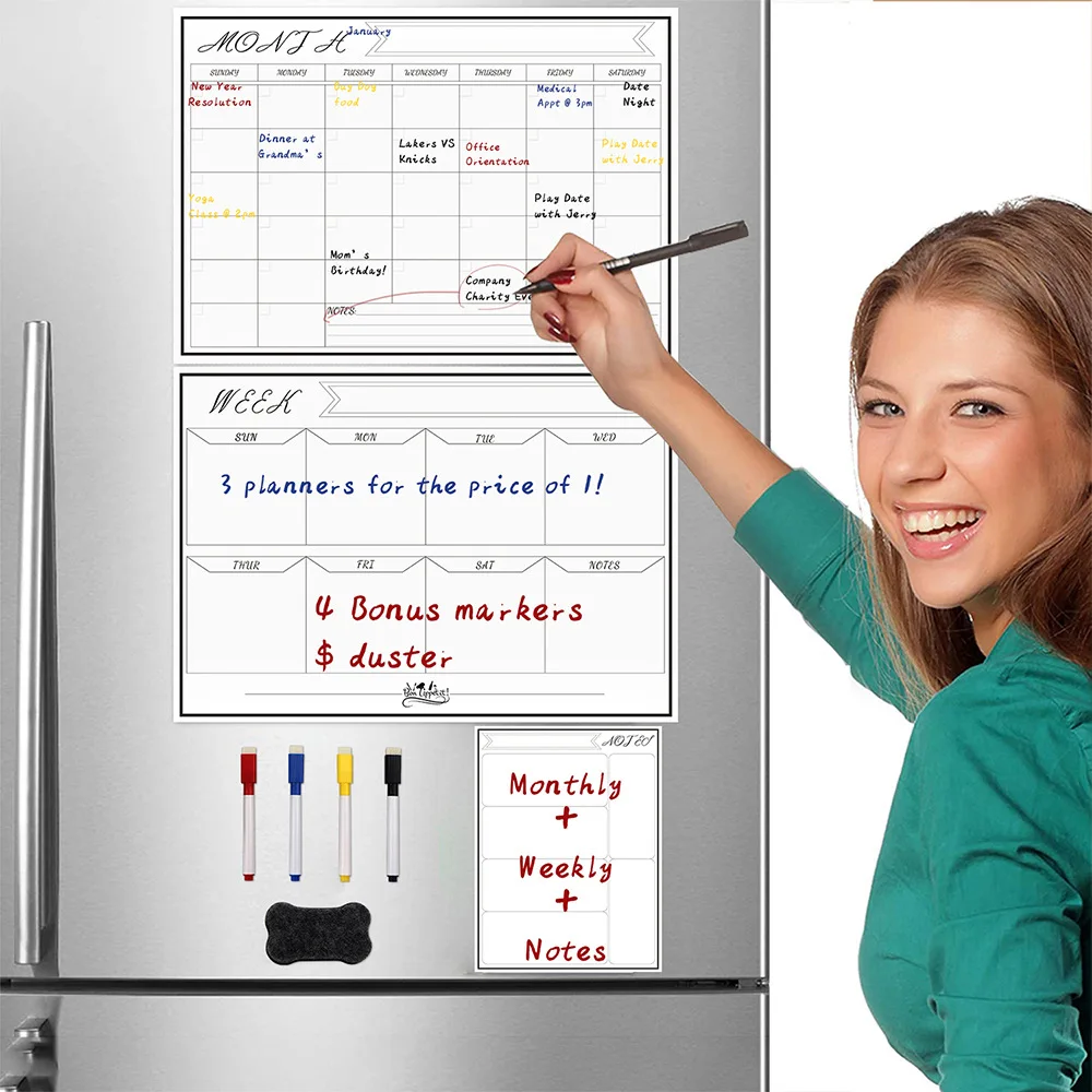 

Magnetic Dry Erase Fridge Calendar Board for Refrigerator 16.5''x11.8'' Daily Weekly Monthly Magnets Whiteboard Plan Board Notes