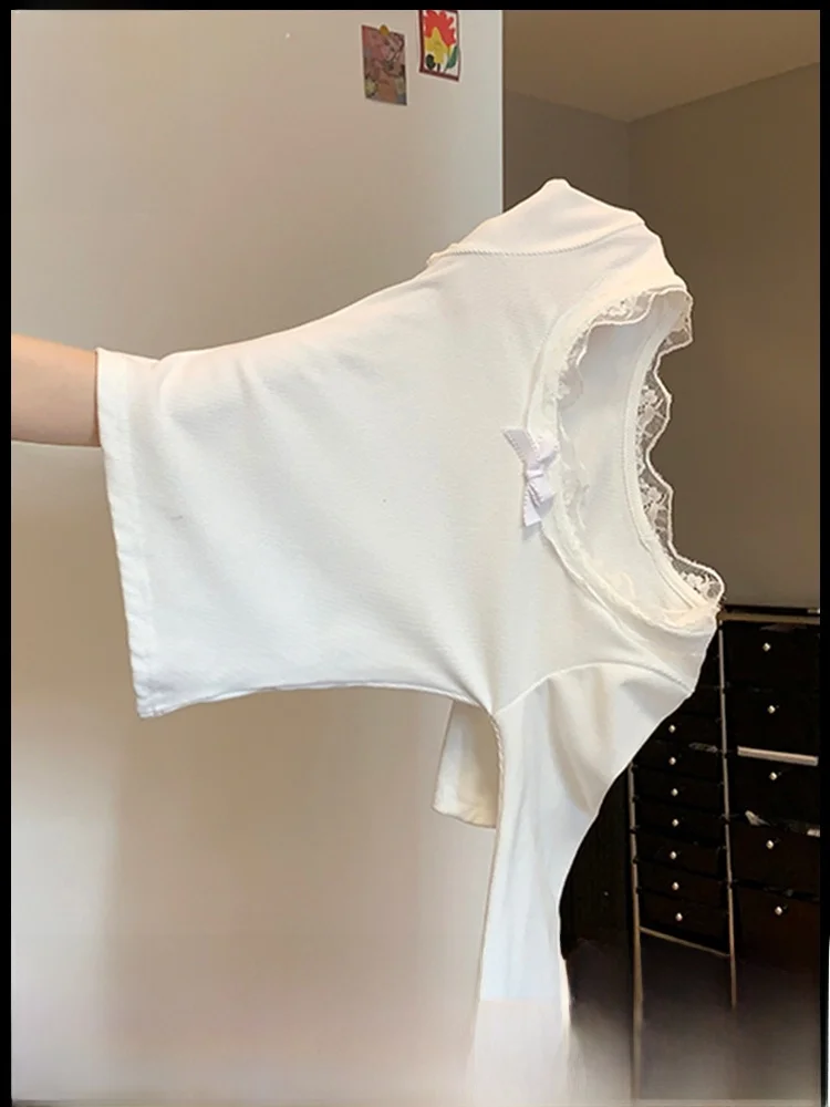 Pure Desire Sle White Lace U-Collar Long sleeve Inner wear T-shirt Women Autumn and Winter Bow Slim fit Short Bottoming Shi...