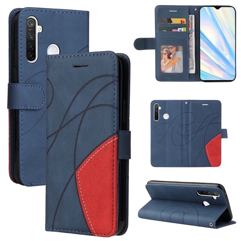

TPU+PU Two-color Splicing Leather Fitted Cases For OPPO Realme 5pro C15 8i C21 Y 9i 8 9 Pro 5G Wallet Flip Case Card Shell