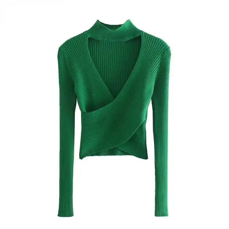 

New Women Sexy Hollow Out Design Green Purple Color Short Knitted Sweater Lady Chic Long Sleeve Pullover Crop Tops