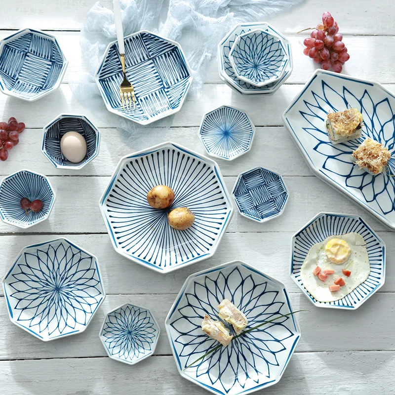 

Octagonal Tableware Japanese Noodle Bowl High Temperature Underglaze Color Ceramic Bowl Plate Cup Dish Tableware Set Home Decora