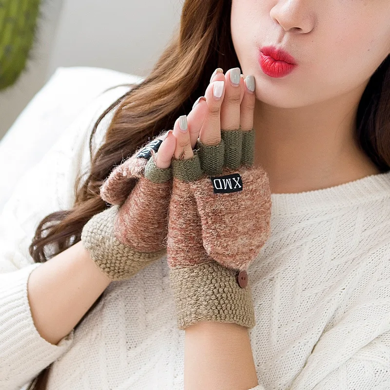 

2021 Winter Warm Thickening Wool Gloves Knitted Flip Fingerless Exposed Finger Thick Gloves Without Fingers Mittens Glove Women