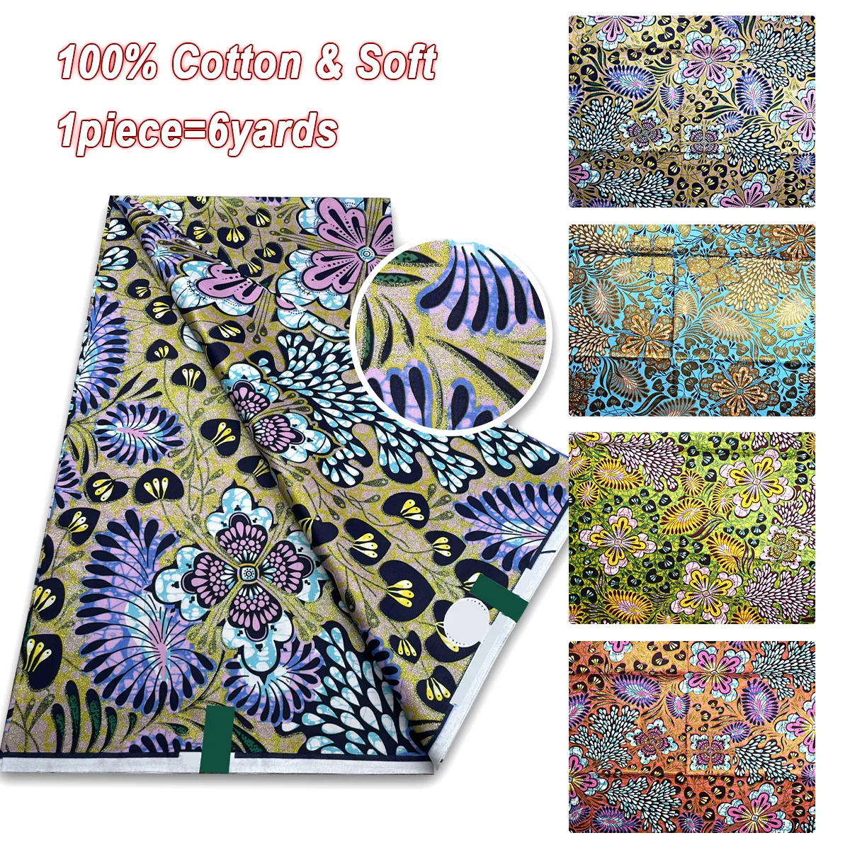 

New African Grand Golden Wax Fabric Ankara Glitter Golden Wax Soft Flash Gold Print Batik High Quality Flower Print Party Dress