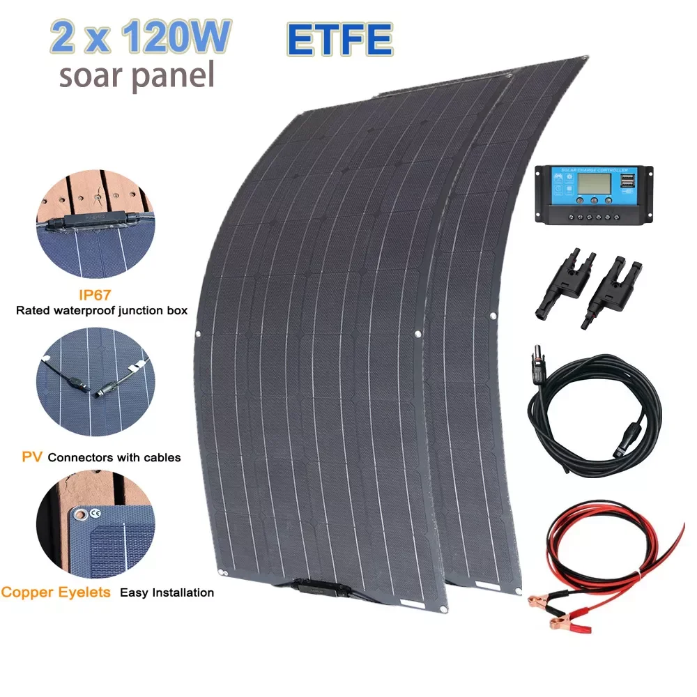 

NEW 2X120W ETFE Solar Panel Flexible Monocrystalline Cell Panels Solar Kit 240W 120W System High-efficiency 12V 24V Battery Char
