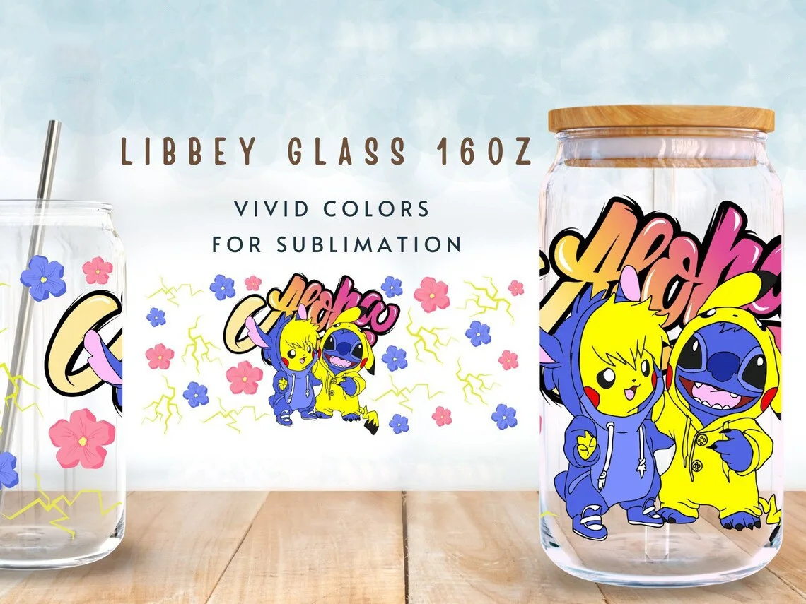 

Stitch Pikachu UV DTF Cup Wrap for 16Oz Libbey Glass Can DIY Transfer Sticker Best Friend