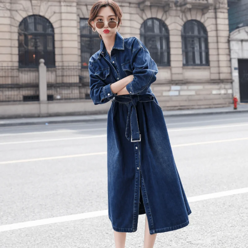 

Long Sleeve A-line Denim Dress Women 2022 Spring Summer Fashion Style Maxi Ankle-Length Jeans Ladies Clothes Luxury Outwear