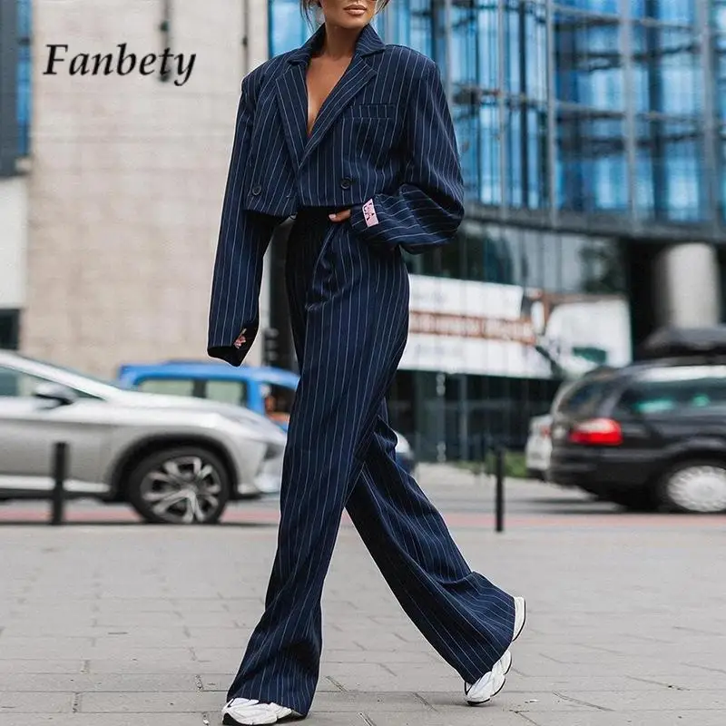 

New Autumn Loose Pockets Commuter Suit Fashion Turn Down Collar Blazer Wide Leg Pants Set Women Striped Tracksuit Two Pieces Set