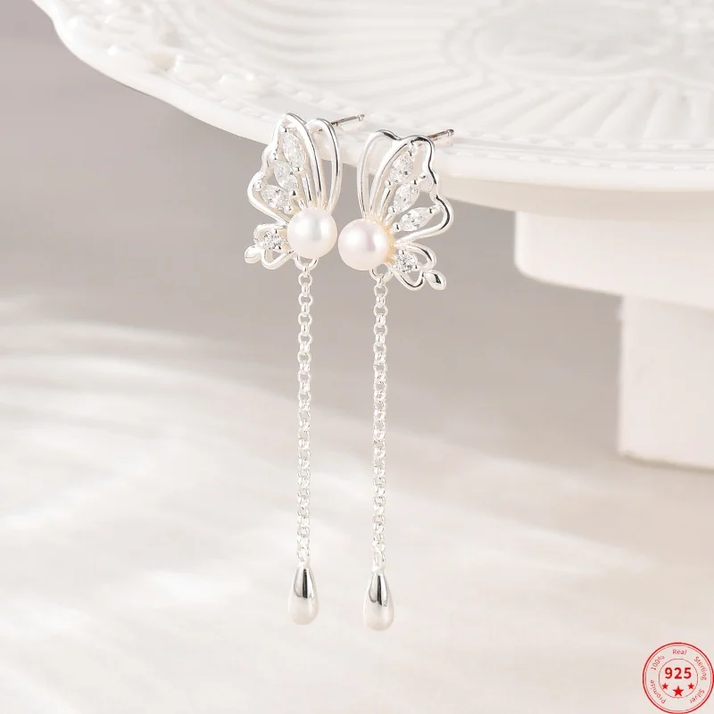 Женские серьги-гвоздики из серебра 925 пробы с длинными подвесками