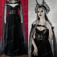 Dark Fairytale Gothic Black Wedding Dresses with Cupped Corset Bodice Fantasy Bridal Gown Halloween Wedding Cloak Sexy 2023