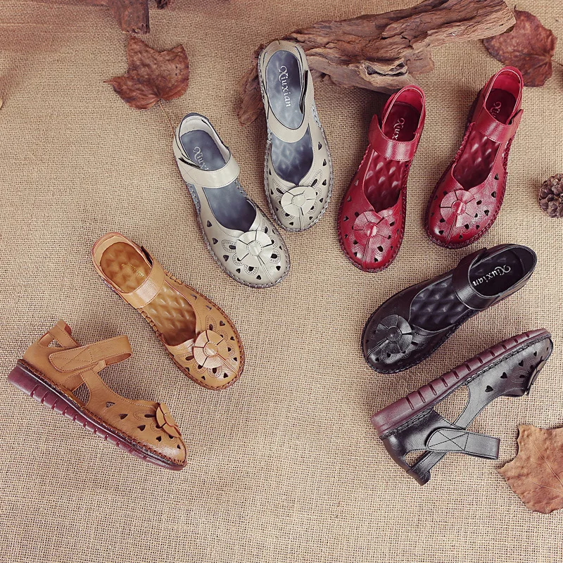 

Mary Jane Sandals Women's Hollow Out Flat Shoes Ladies Summer Elegant Sandals Woman 1950s Shoes Vintage Genuine Leather Flats